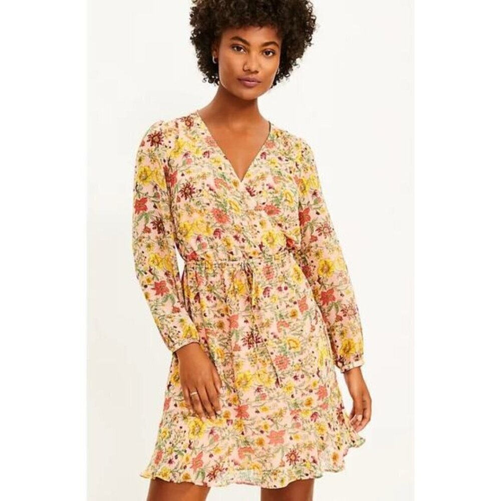 NWT Loft Women's Yellow Flounce Wrap Dress Long Sleeve - Small